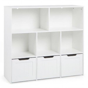 Vaikiška medinė žaislų spintelė su 3 stalčiais ir 5 skyriais, ant ratukų